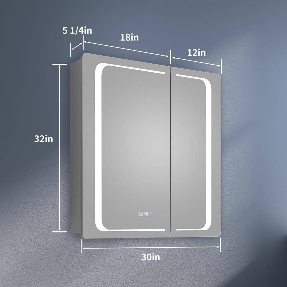 Lonni 30 in. W x 32 in. H Rectangular Silver Aluminum Recessed/Surface Mount Lighted Medicine Cabinet with Mirror And Dimming