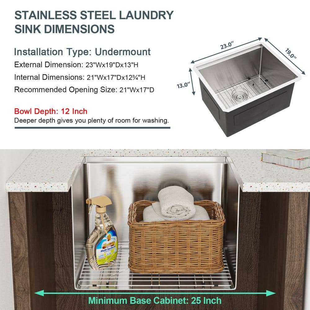 LORDEAR 23x19 Stainless Steel Undermount Utility Sink - Silver