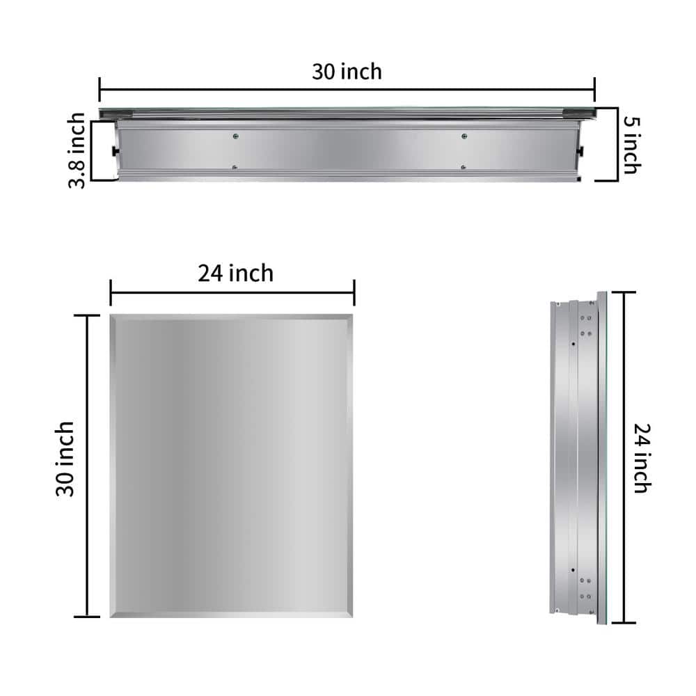 Classic 24 in. W x 30 in. H Rectangular Aluminum Surface Recessed Mount Medicine Cabinet Mirror, Adjustable Shelves