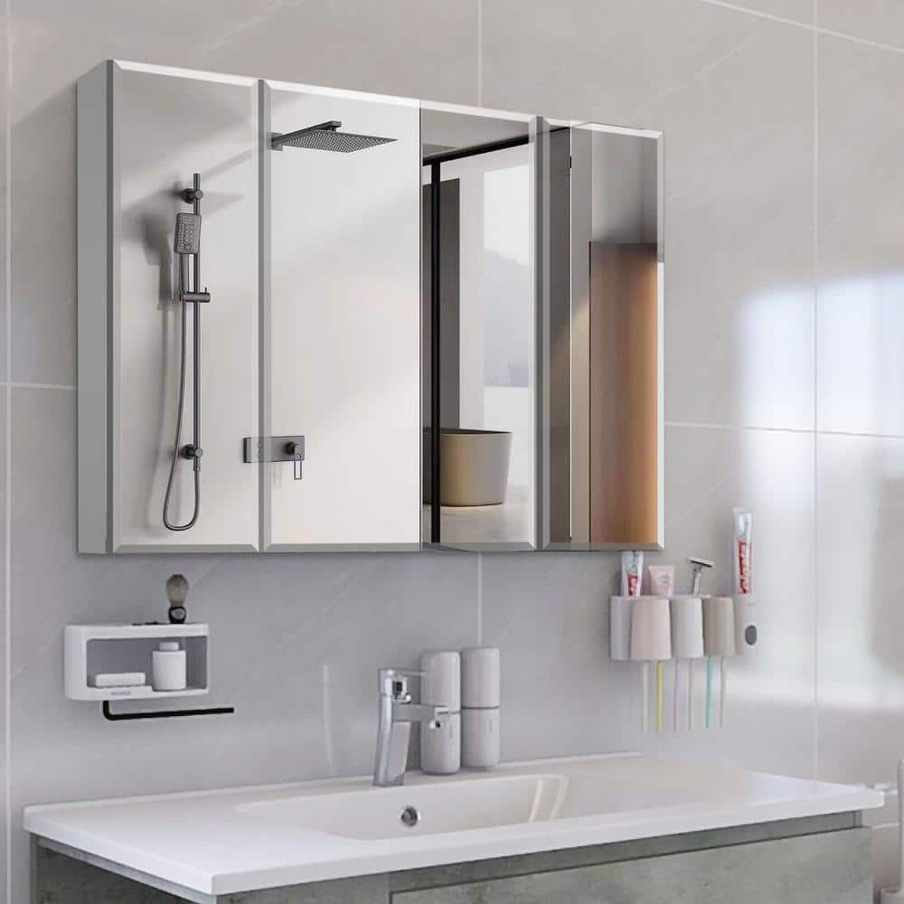 Unbranded 36 in. W x 26 in. H Large Rectangular Silver Aluminum Recessed Surface Mount Medicine Cabinet with Mirror