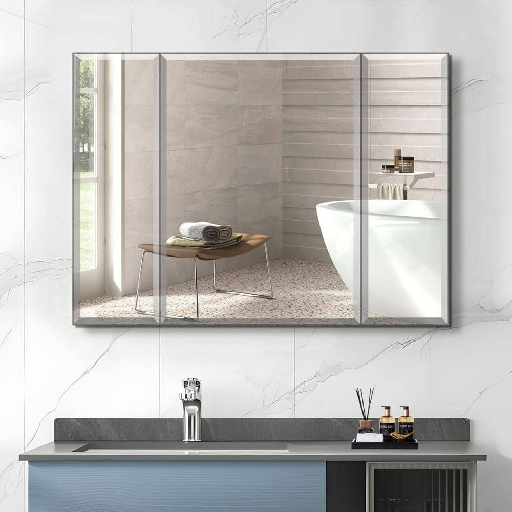 Unbranded 36 in. W x 26 in. H Large Rectangular Silver Aluminum Recessed Surface Mount Medicine Cabinet with Mirror