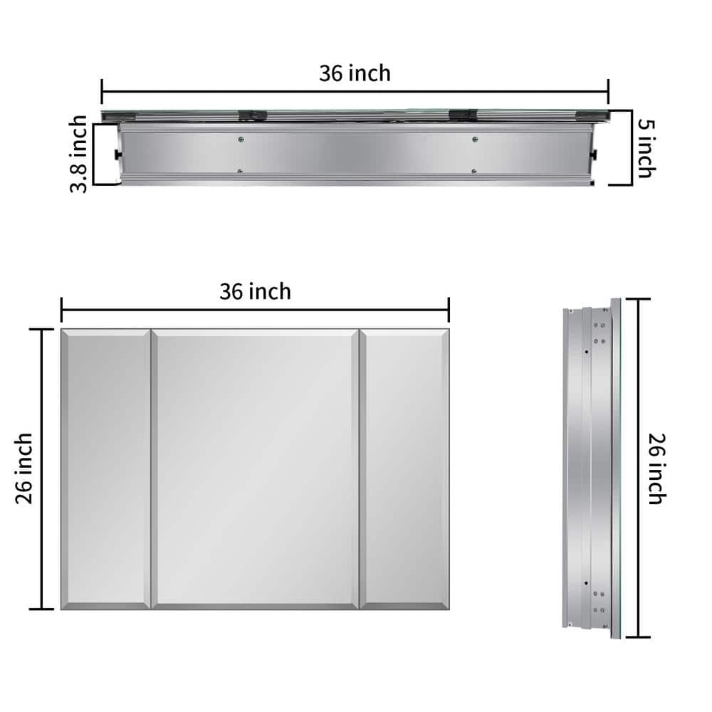 Unbranded 36 in. W x 26 in. H Large Rectangular Silver Aluminum Recessed Surface Mount Medicine Cabinet with Mirror