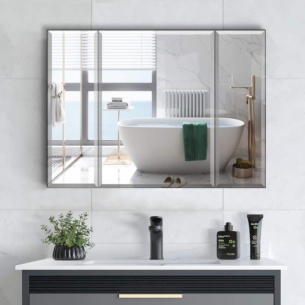 Unbranded 36 in. W x 26 in. H Large Rectangular Silver Aluminum Recessed Surface Mount Medicine Cabinet with Mirror