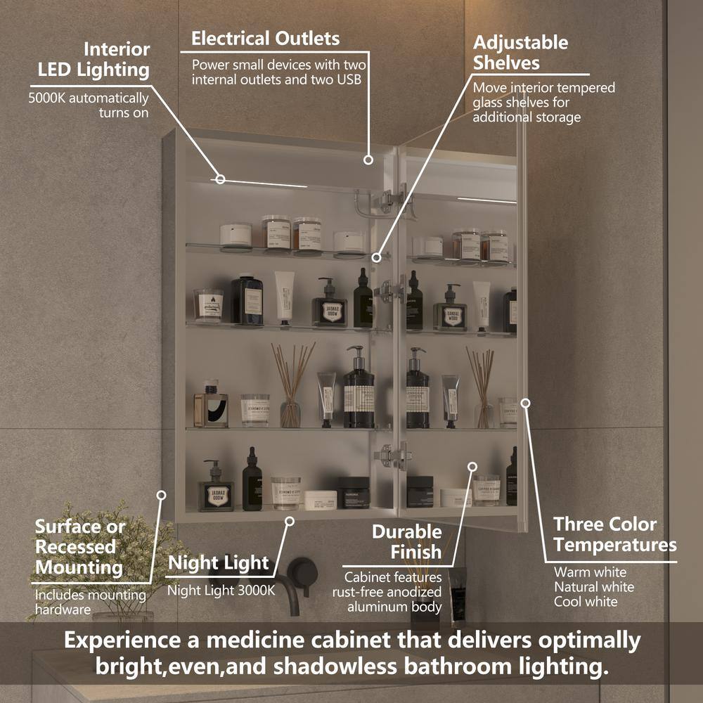 Modern 20 in. W x 32 in. H Rectangular Aluminum Medicine Cabinet with Mirror for Bathroom