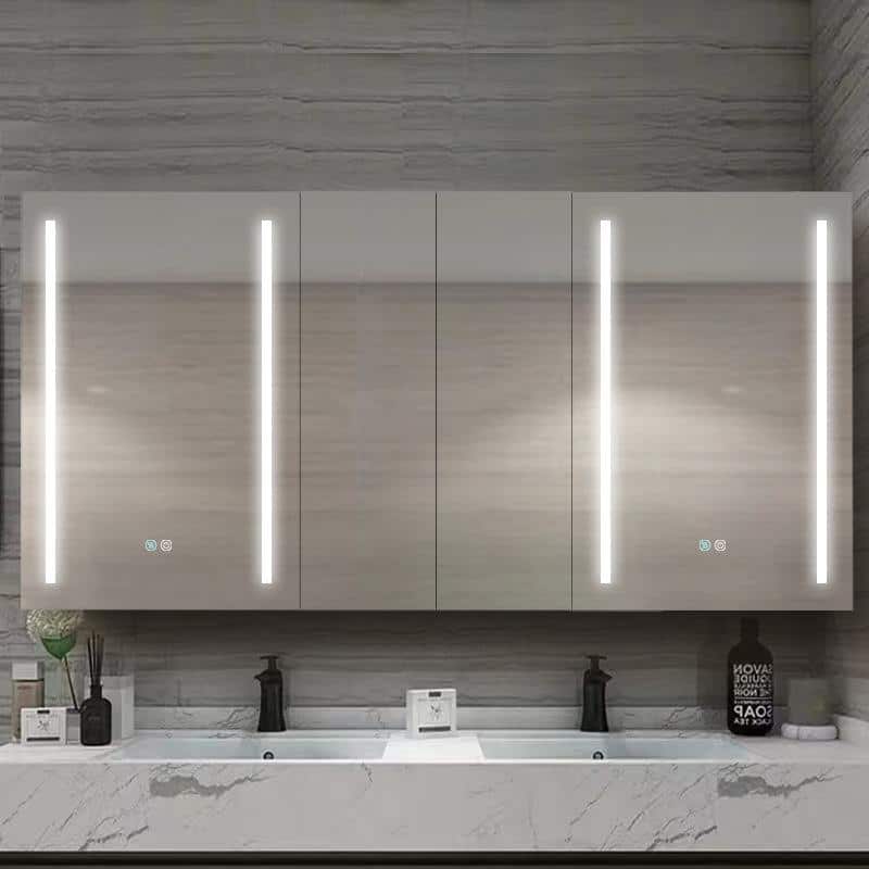 XUJMK Anti-fog 60 in. W x 30 in. H Rectangular Aluminum Medicine Cabinet with Mirror in Silver LED Bathroom Defogging Dimmer