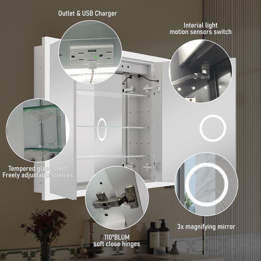 ANGELES HOME 48 in. W x 32 in. H Rectangular Aluminum Anti-Fog LED Medicine Cabinet with Mirror