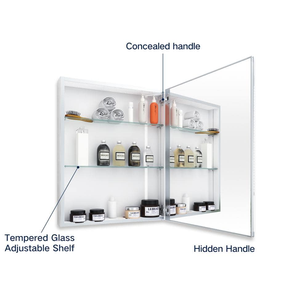Modern 24 in. W x 30 in. H Silver Rectangular Aluminum Frameless Wall Mount or Recessed Medicine Cabinet with Mirror