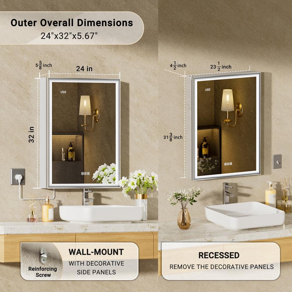 QueenFun Nova 24 in. W x 32 in. H Rectangular Aluminum Recessed/Wall Mount Dimmable Fogless Lighted Medicine Cabinet with Mirror