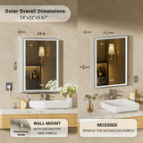 QueenFun Nova 24 in. W x 32 in. H Rectangular Aluminum Recessed/Wall Mount Dimmable Fogless Lighted Medicine Cabinet with Mirror