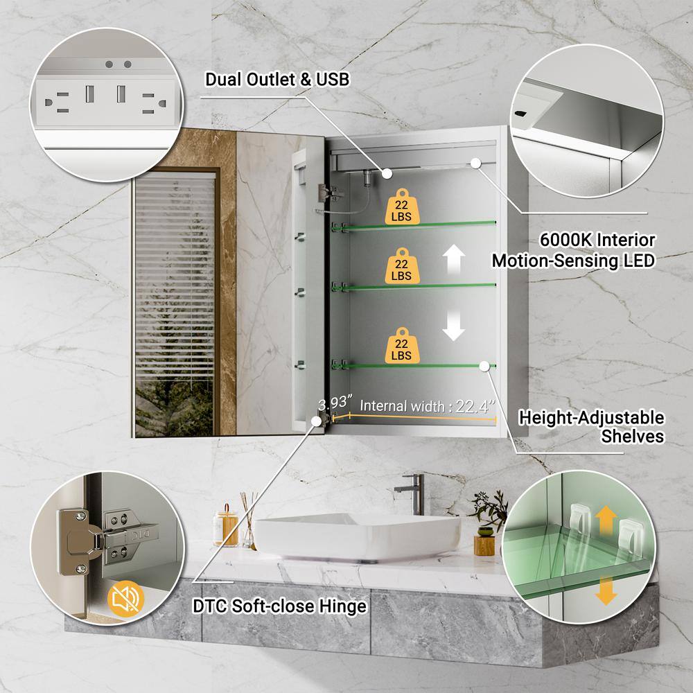 QueenFun Nova 24 in. W x 32 in. H Rectangular Aluminum Recessed/Wall Mount Dimmable Fogless Lighted Medicine Cabinet with Mirror