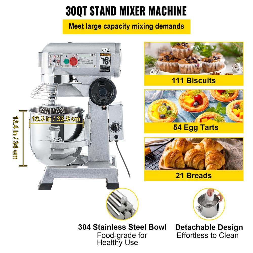 SVOPES 30-Qt Commercial Stand Mixer, 1100W, 3 Speeds with Timer, Stainless Steel Bowl