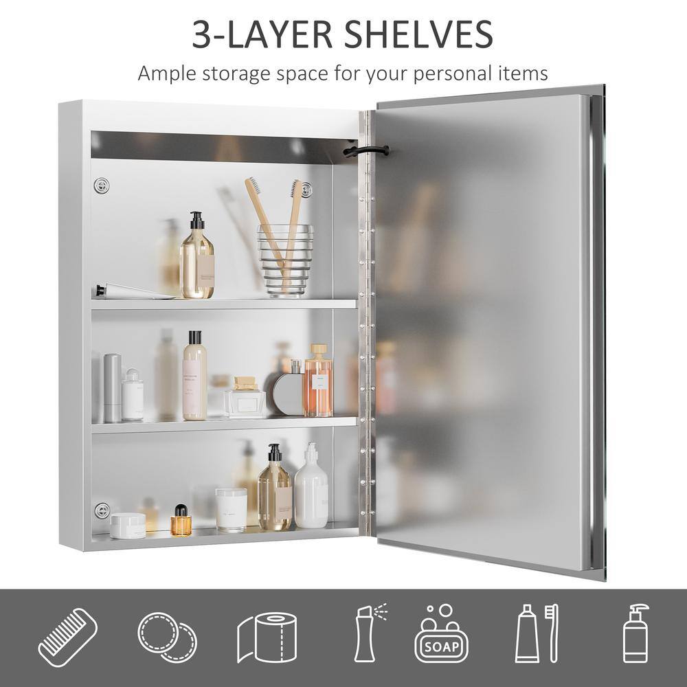 Tileon 19.75 in. W x 27.50 in. H Rectangular Steel Medicine Cabinet with Mirror, Lighted Organizer with 3-Shelves - Silver