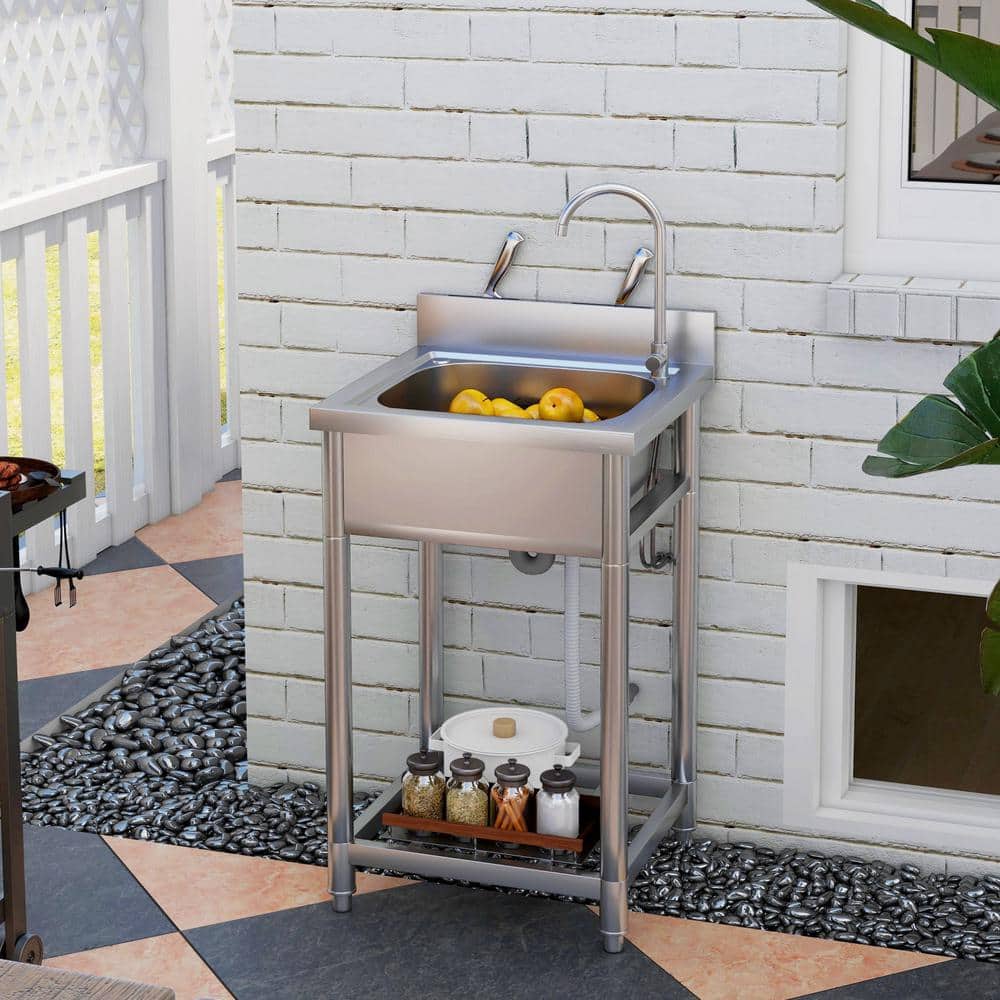 Unbranded Stainless Steel Freestanding Utility Sink with Dual Water Pipes and Storage