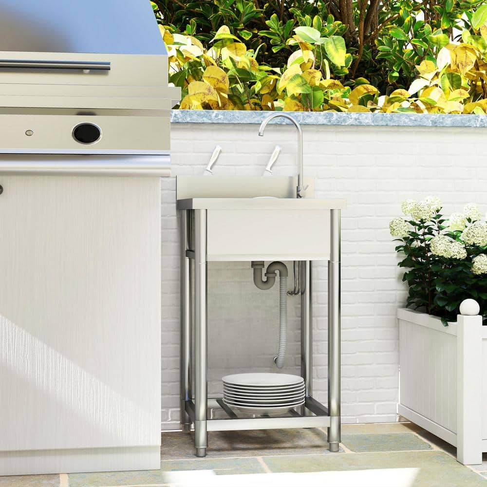 Unbranded 21.70 in. D x 19.70 in. W Freestanding Laundry/Utility Sink with Cold and Hot Water Pipe and Storage Shelf in Silver
