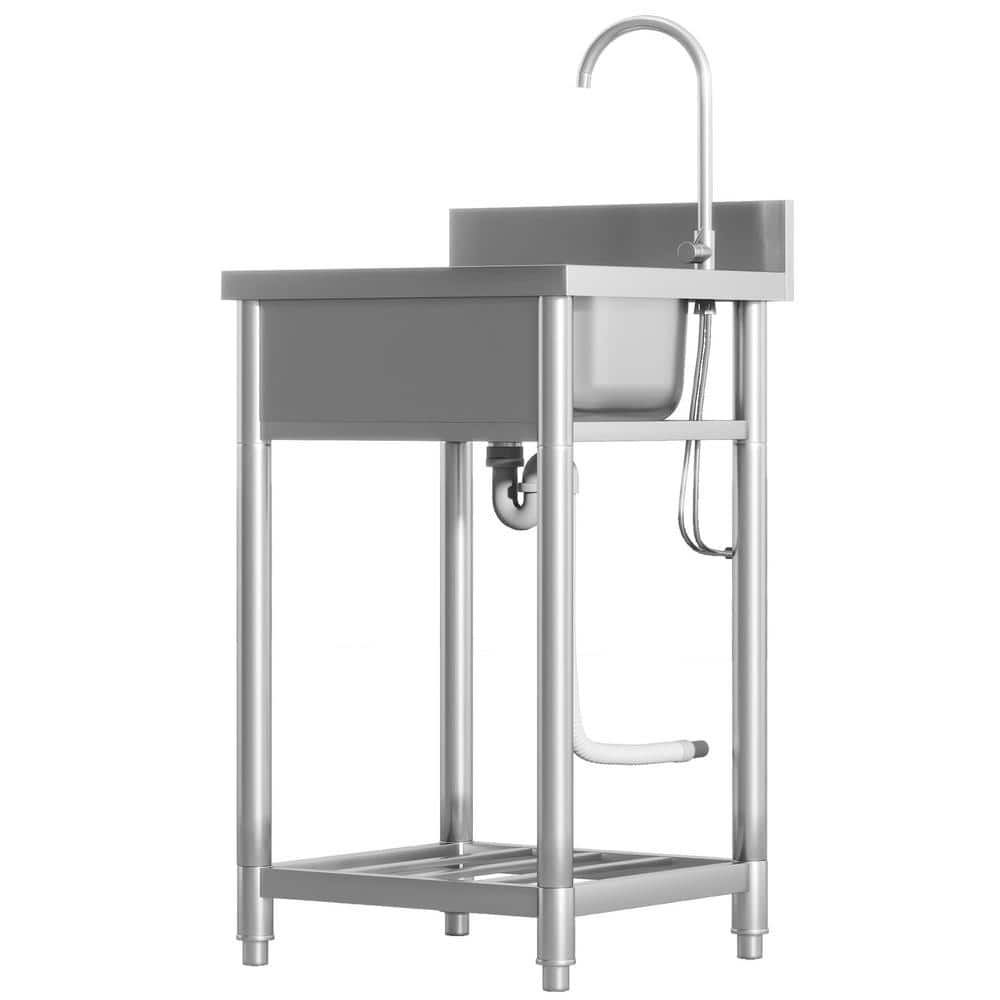 Unbranded Stainless Steel Freestanding Utility Sink with Dual Water Pipes and Storage