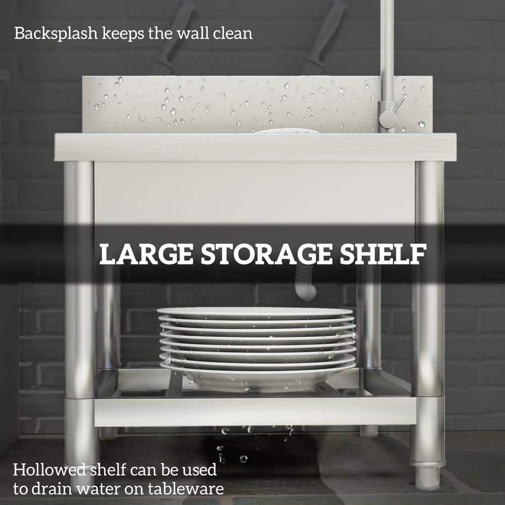Unbranded Stainless Steel Freestanding Utility Sink with Dual Water Pipes and Storage
