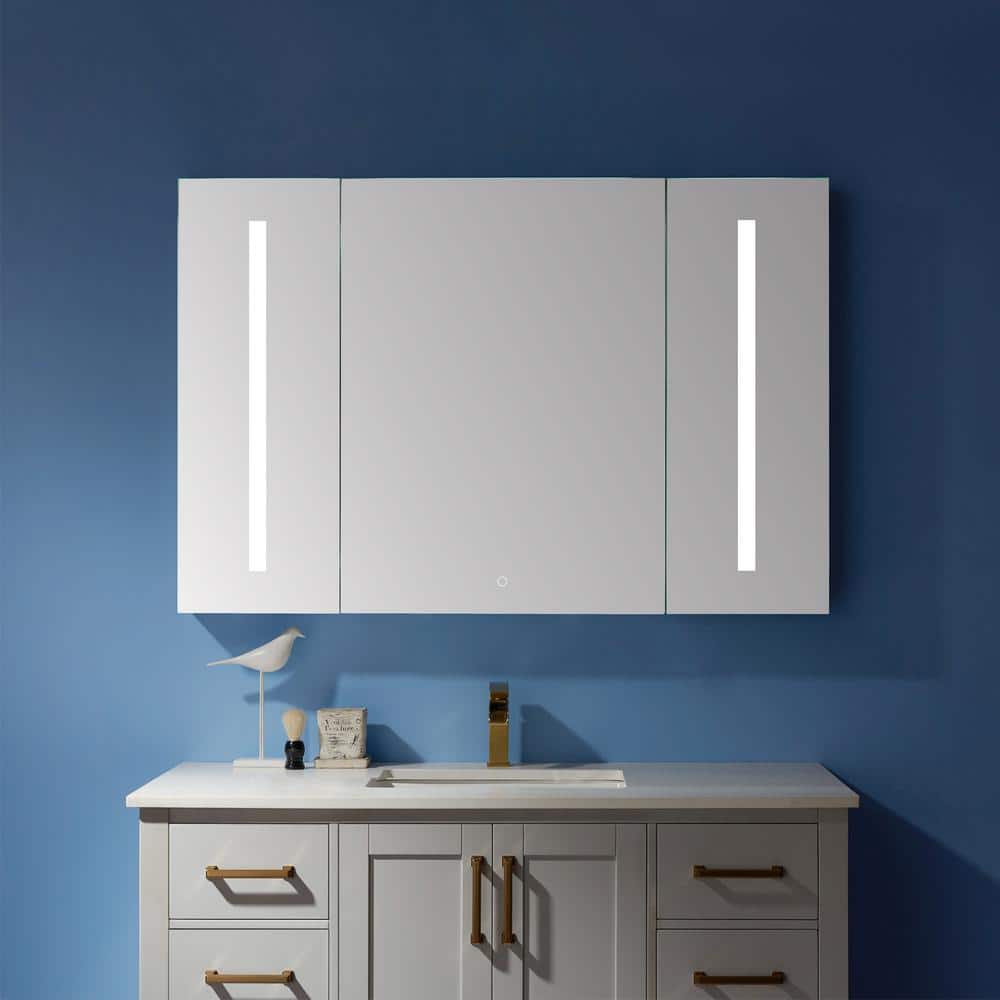 ROSWELL Rieti 48 in. W x 32 in. L Rectangular Surface-Mount LED Glass Surface Mount Medicine Cabinet with Mirror in Silver