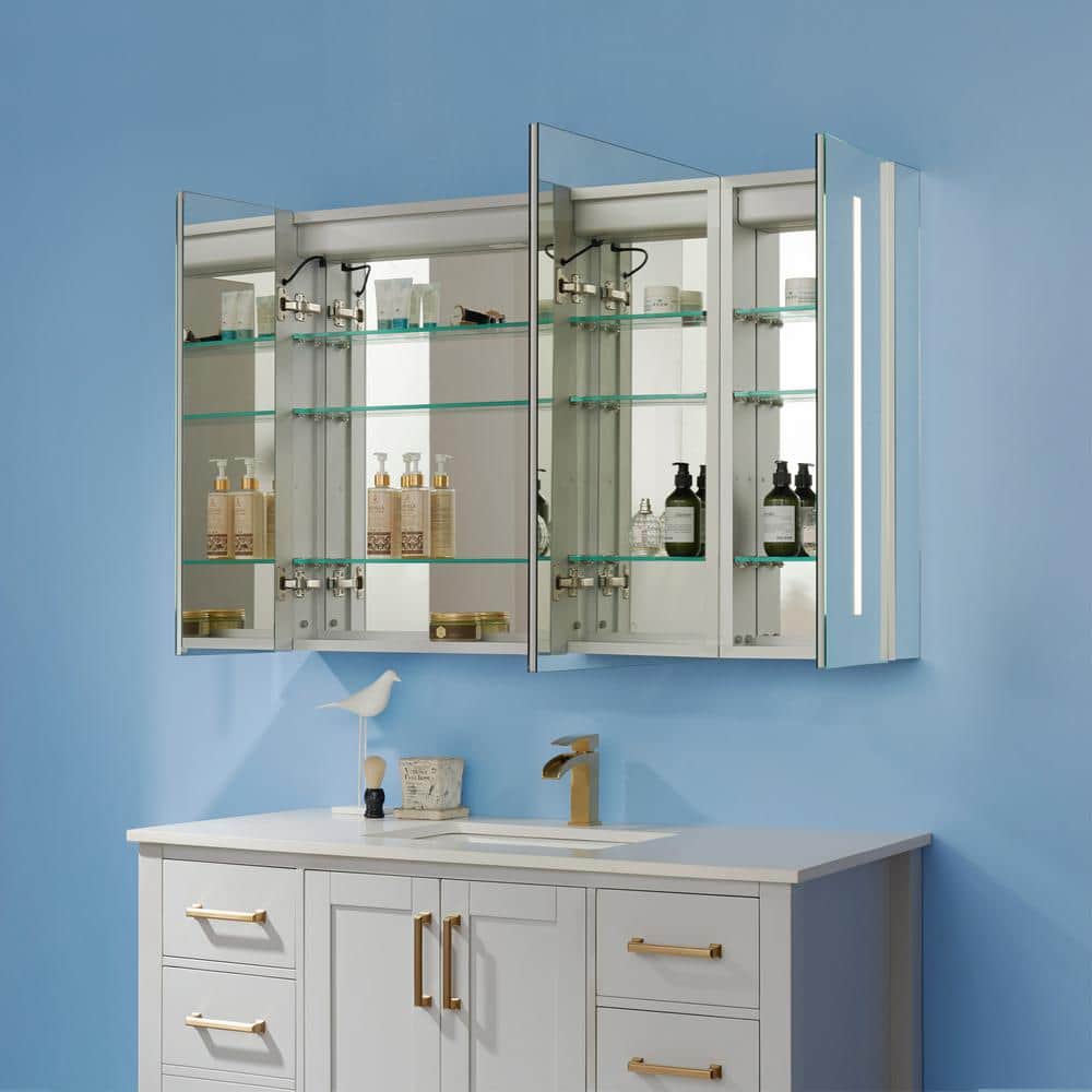 ROSWELL Rieti 48 in. W x 32 in. L Rectangular Surface-Mount LED Glass Surface Mount Medicine Cabinet with Mirror in Silver