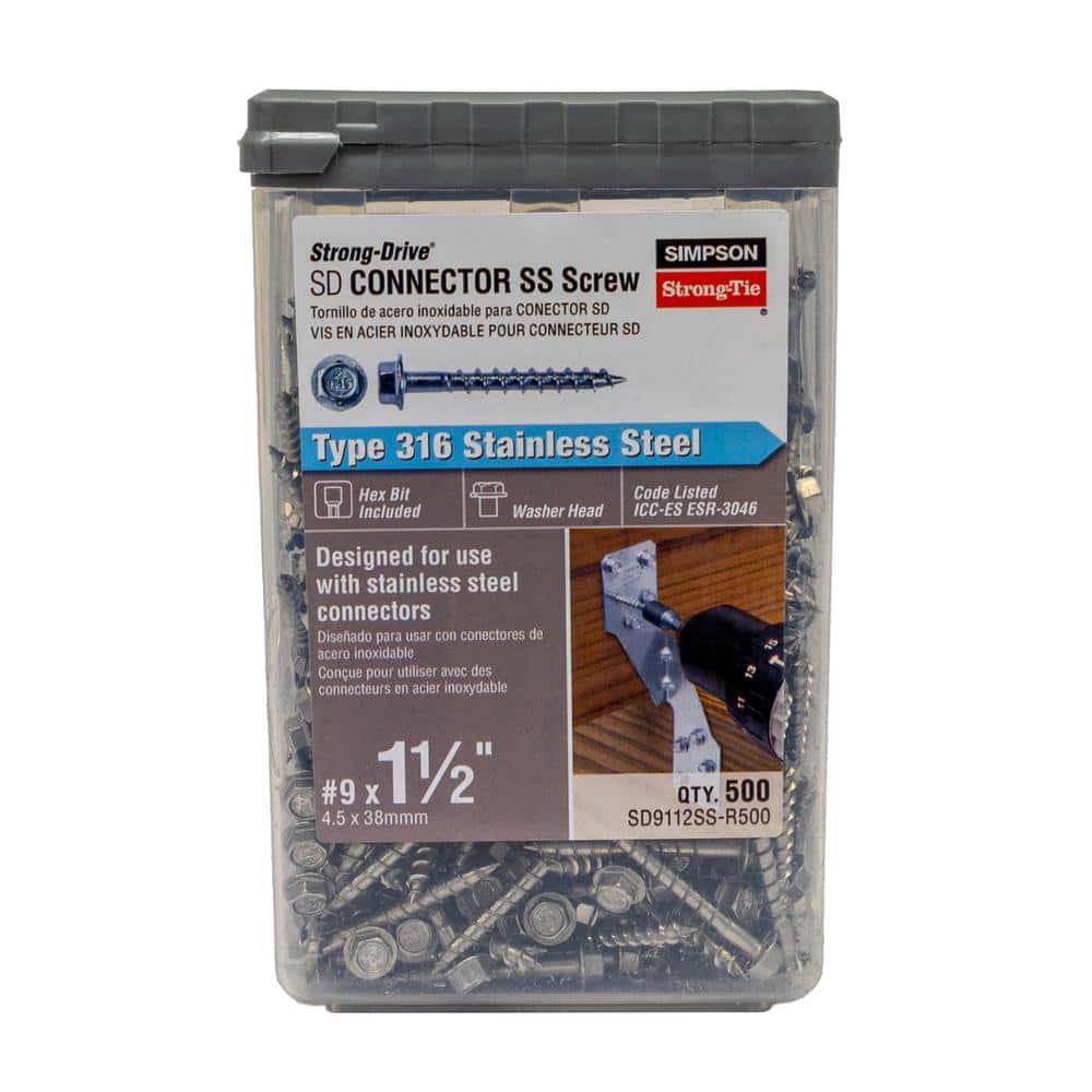 Simpson Strong-Tie #9 x 1-1/2 in. Type 316 Stainless Steel, Hex Drive, Hex Head, Strong-Drive SD Wood Screw (500-Pack)