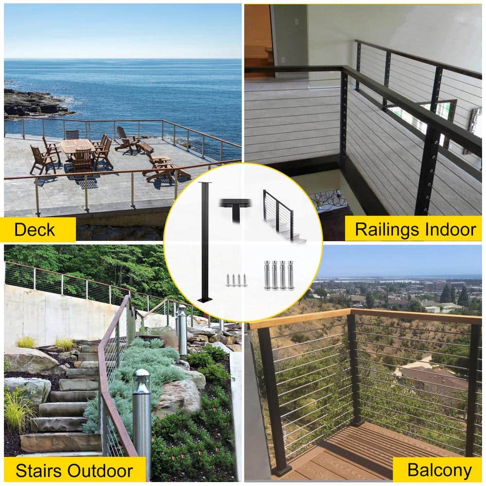 SKYSHALO Cable Rail Post Level Deck Stair Post 36 x 1.5 x 1.5 in. Cable Handrail Post Stainless Steel Brushed Finishing Deck