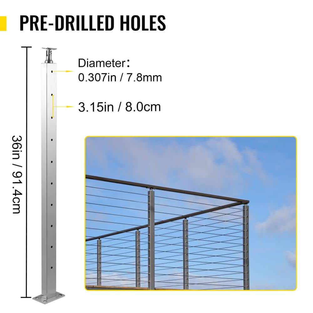 SKYSHALO Cable Railing Post Level Deck Stair Post 36 x 0.98 x 1.97 in. Cable Handrail Post Stainless Steel Wire Drawing Deck