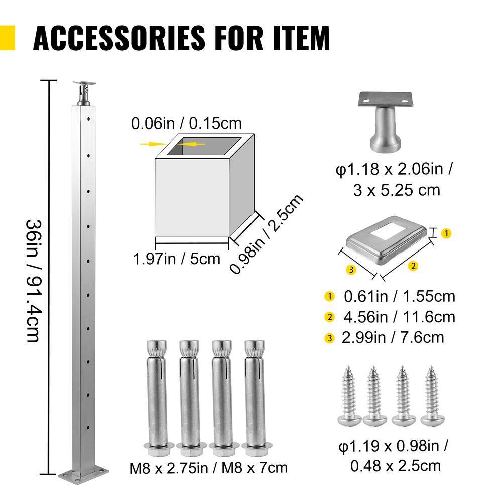 SKYSHALO Cable Railing Post Level Deck Stair Post 36 x 0.98 x 1.97 in. Cable Handrail Post Stainless Steel Wire Drawing Deck