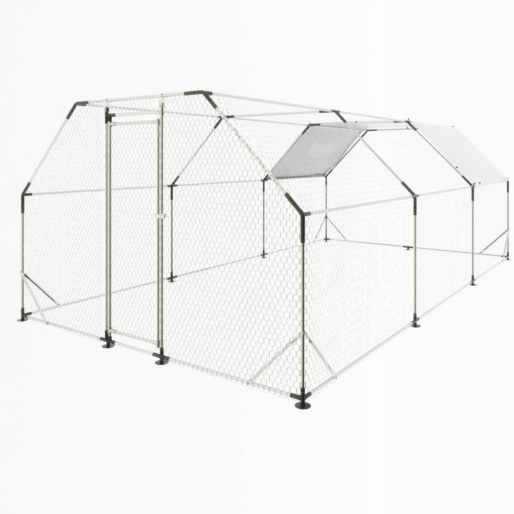 GOGEXX 10 ft. x 20 ft. Flat Top Large Metal Walk-in Chicken Coop Galvanized Poultry Cages with Waterproof Cover Outdoor