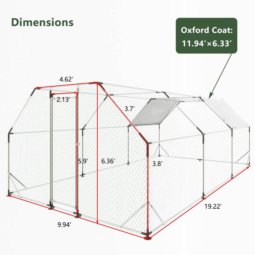 GOGEXX 10 ft. x 20 ft. Flat Top Large Metal Walk-in Chicken Coop Galvanized Poultry Cages with Waterproof Cover Outdoor