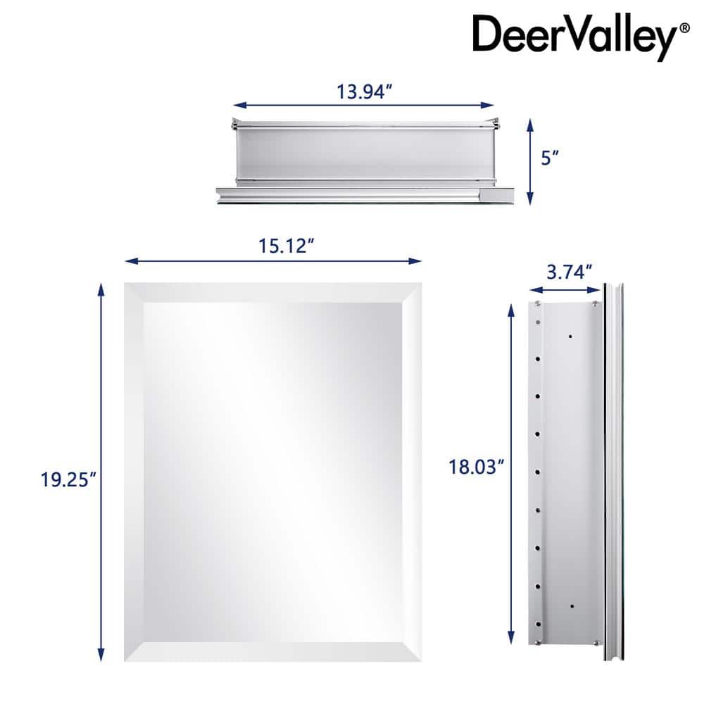 DEERVALLEY Rectangular Aluminum Frameless 15 in. W x 19 in. H Recessed Medicine Cabinet in Sliver with Mirror and Beveled Edge