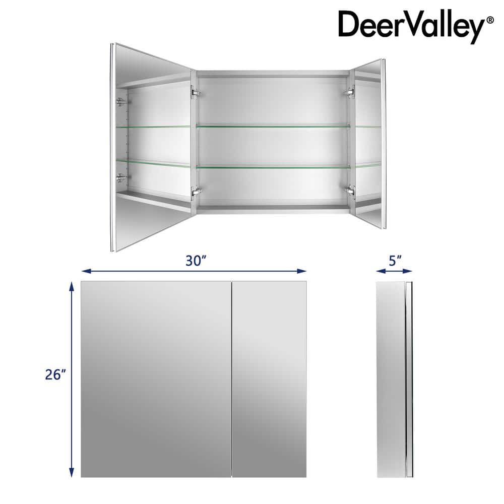 DEERVALLEY Rectangular Aluminum Frameless 30 in. W x 26 in. H Double-Door Surface Mount Bathroom Medicine Cabinet with Mirror