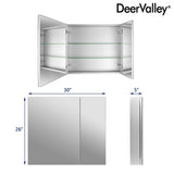 DEERVALLEY Rectangular Aluminum Frameless 30 in. W x 26 in. H Double-Door Surface Mount Bathroom Medicine Cabinet with Mirror