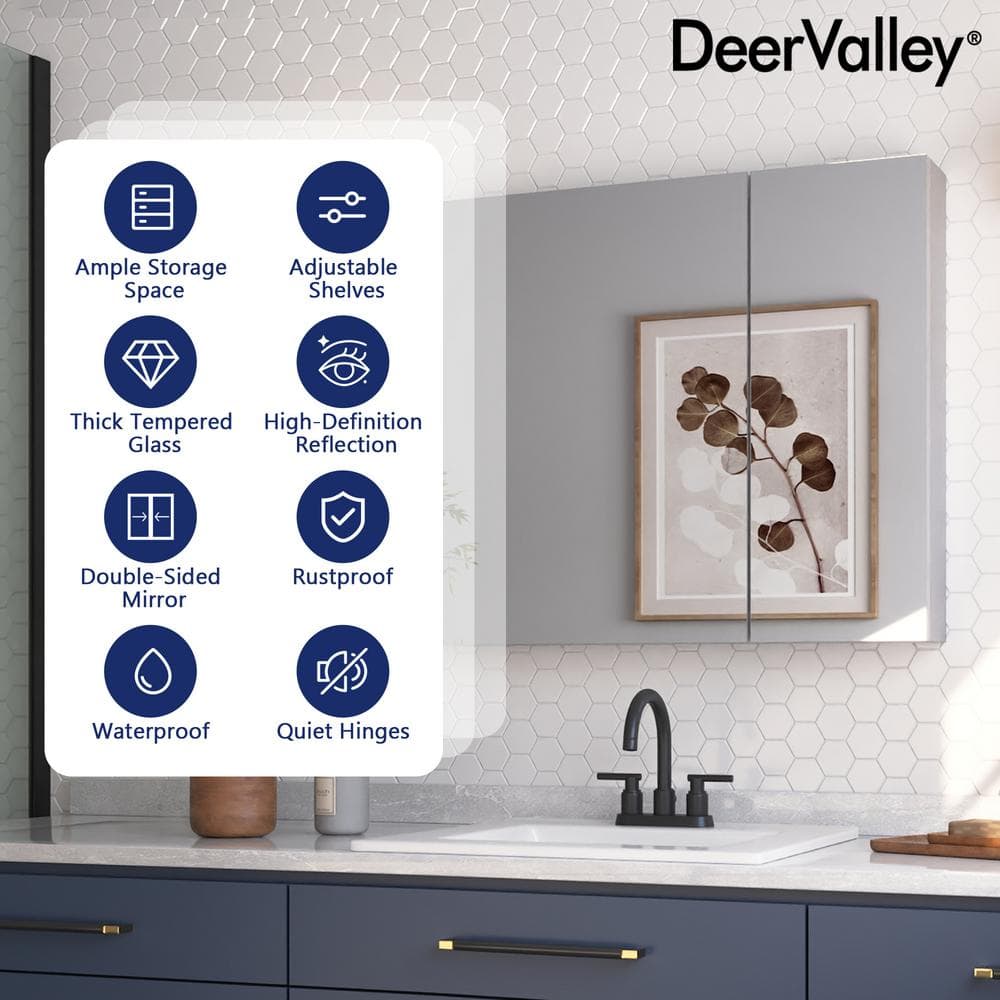 DEERVALLEY Rectangular Aluminum Frameless 30 in. W x 26 in. H Double-Door Surface Mount Bathroom Medicine Cabinet with Mirror
