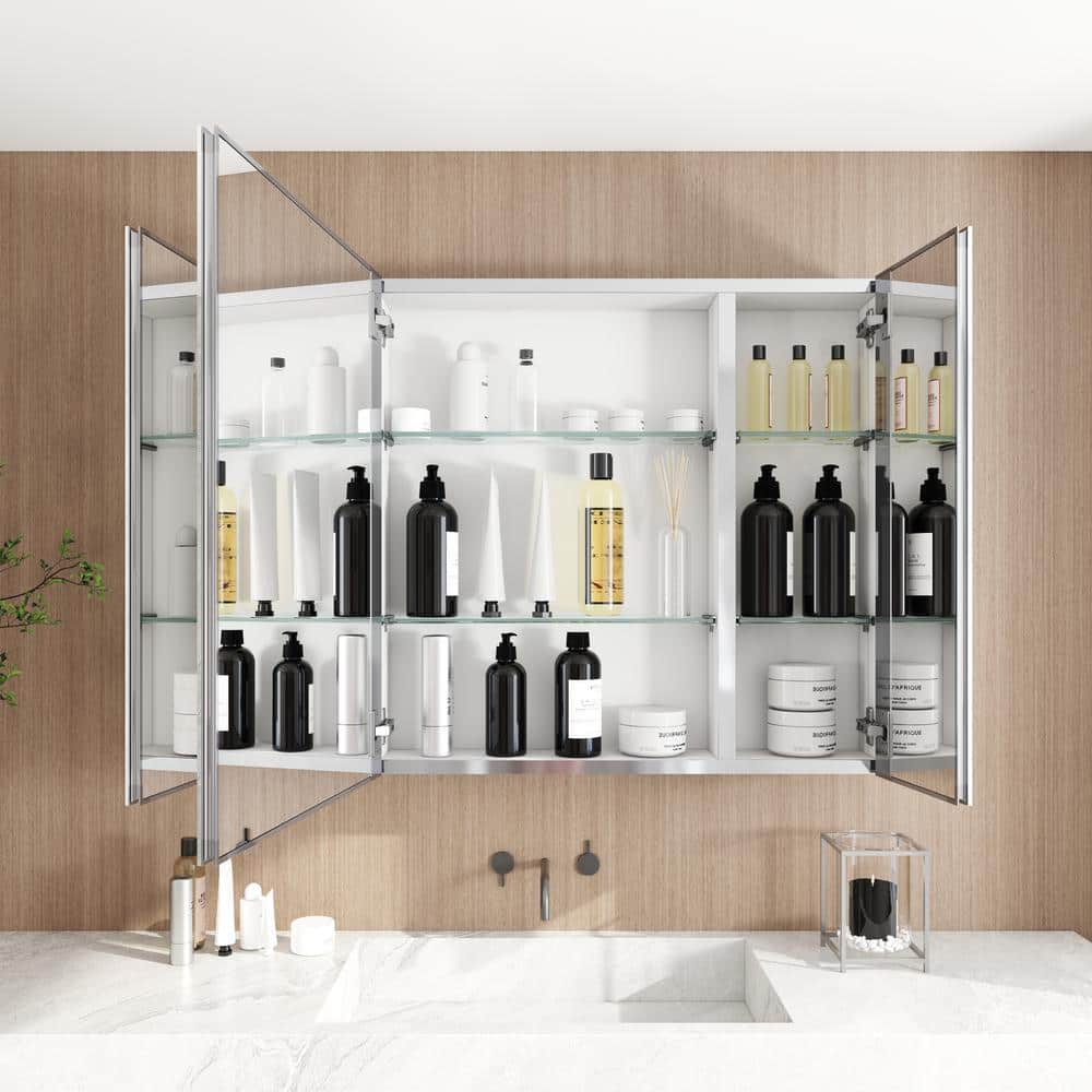 36 in. W x 26 in. H Large Rectangular Silver Aluminum Recessed Mount Medicine Cabinet with Mirror