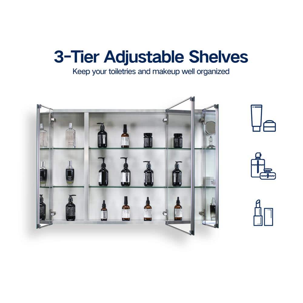36 in. W x 26 in. H Large Rectangular Silver Aluminum Recessed Mount Medicine Cabinet with Mirror