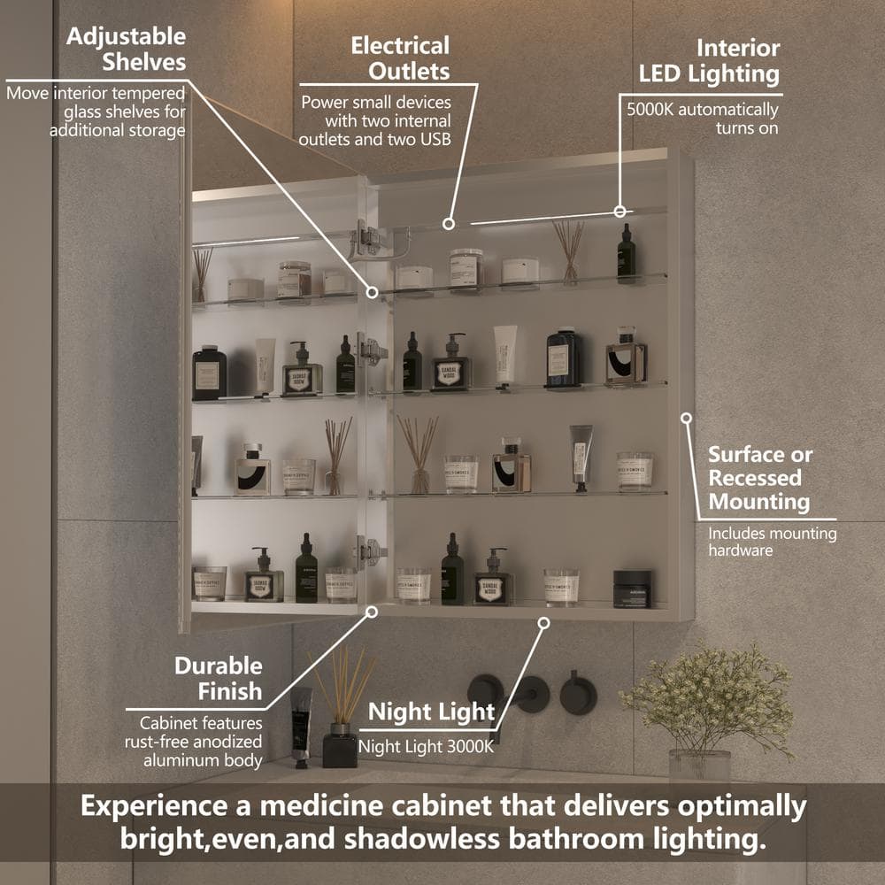 24 in. W x 32 in. H Rectangular Sliver Aluminum Medicine Cabinet with Mirror