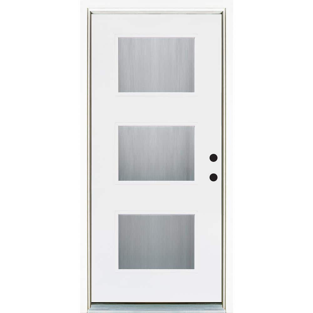 36 in. x 80 in. Smooth White Left-Hand Inswing 3-Lite Water Wave Finished Fiberglass Prehung Front Door