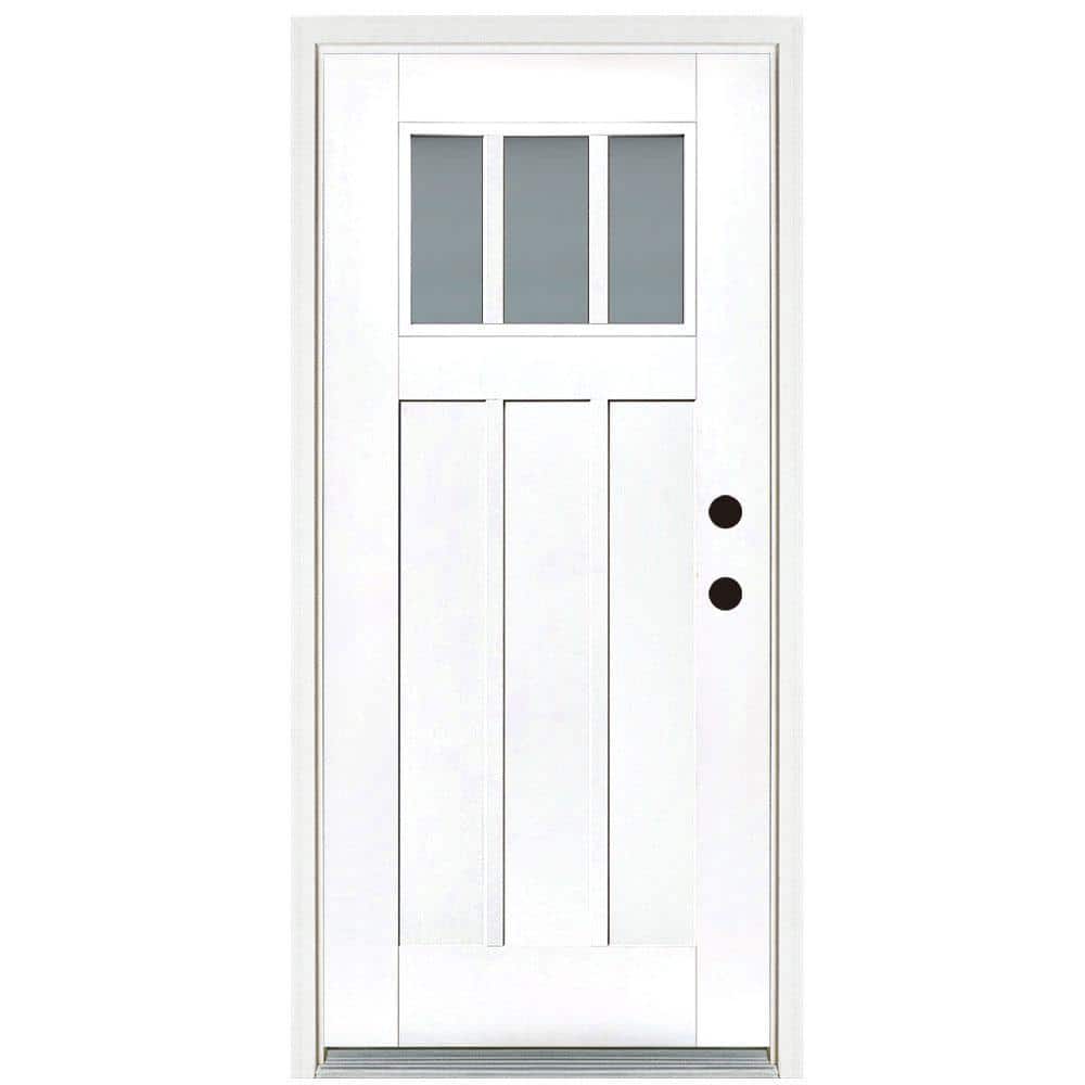 36 in. x 80 in. Smooth White Left-Hand Inswing 3-Lite Frosted Craftsman Finished Fiberglass Prehung Front Door