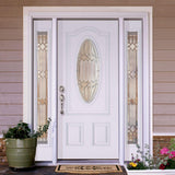 67.5in.x81.625in. Mission Pointe Zinc 3/4 Oval Lt Unfinished Smooth Right-Hd Fiberglass Prehung Front Door w/Sidelights