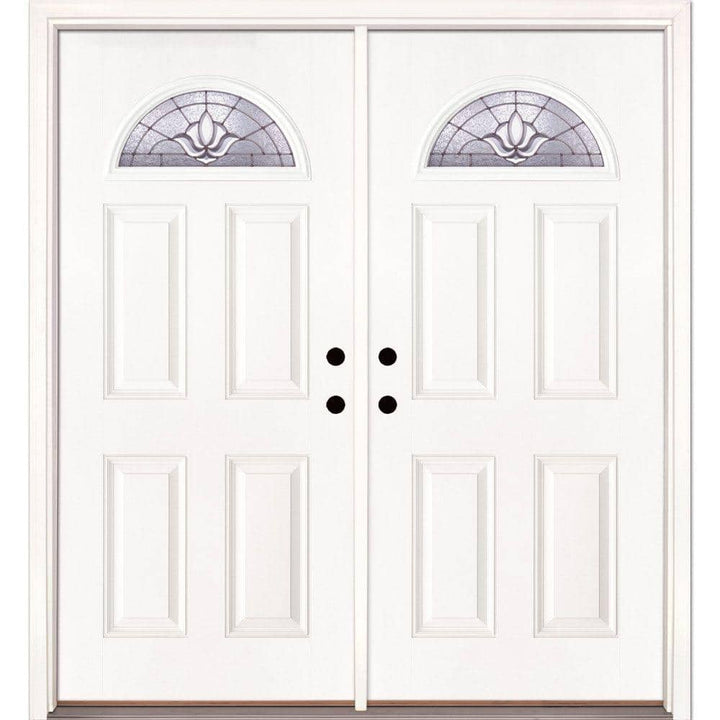 74 in. x 81.625 in. Medina Zinc Fan Lite Unfinished Smooth Right-Hand Inswing Fiberglass Double Prehung Front Door