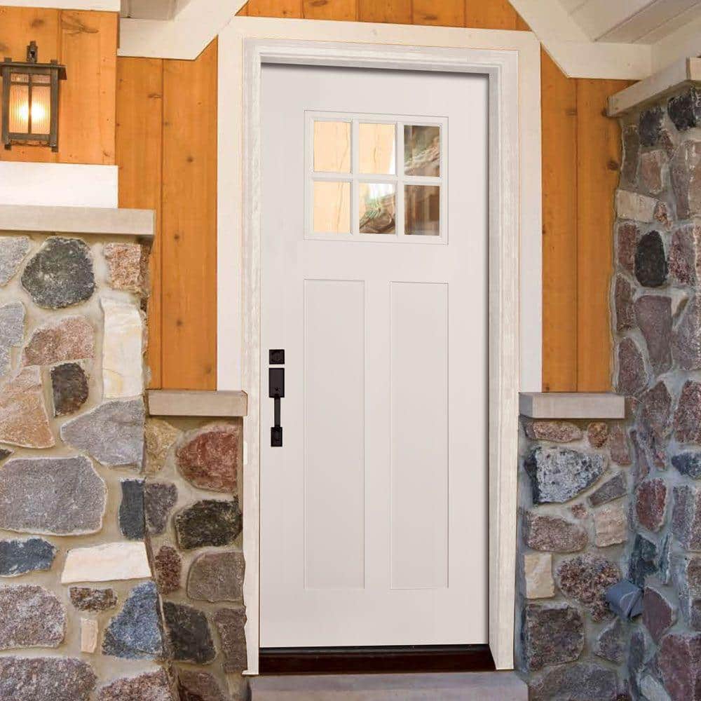 32 in. x 80 in. 6 Lite Left-Hand/Inswing Clear Glass Smooth White: Ready to Paint Fiberglass Prehung Front Door