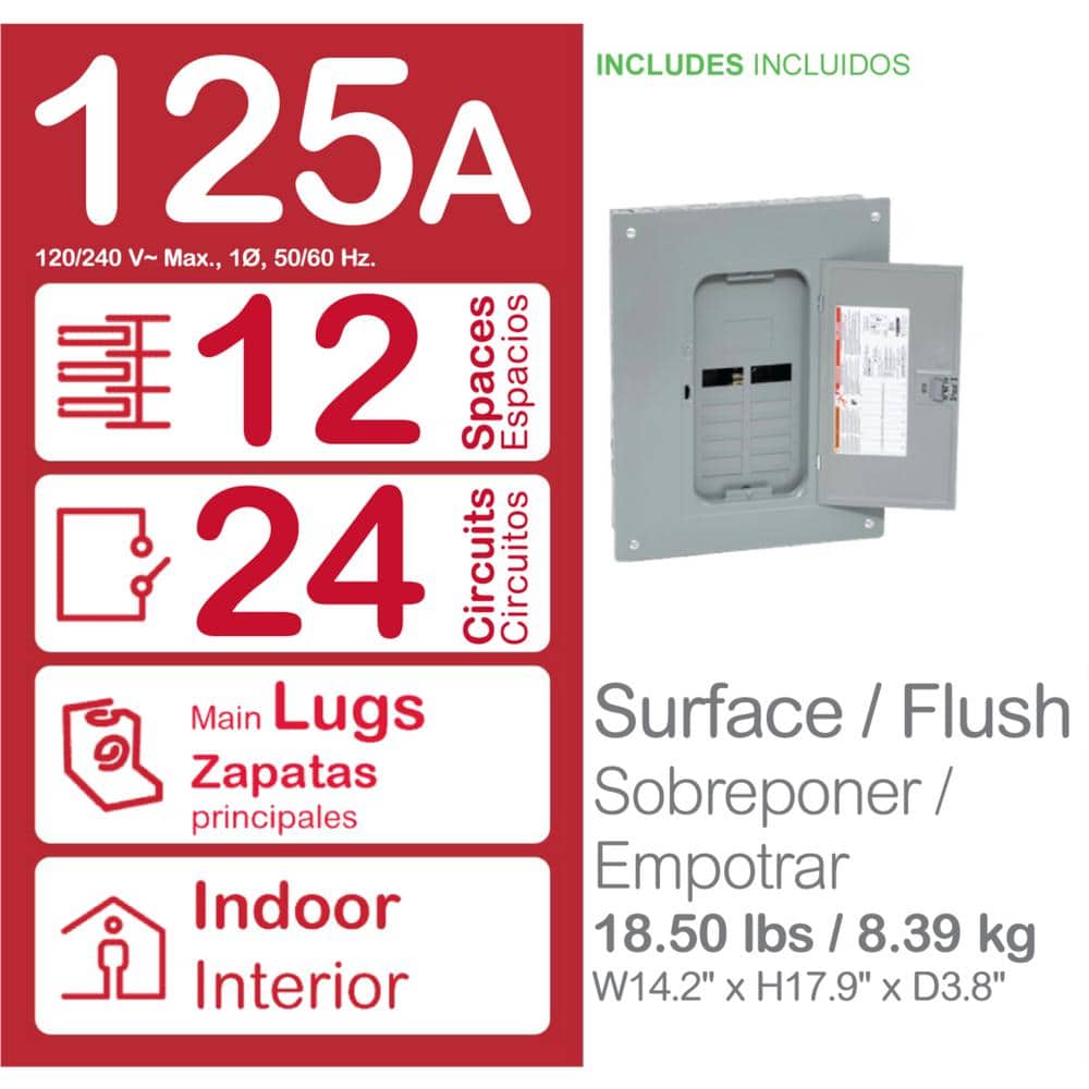Square D Homeline 125-Amp 12-Space 24-Circuit Indoor Convertible Plug-On Neutral Load Center - HOM1224L125PGCVP