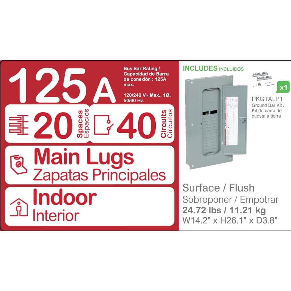 Square D Homeline 125 Amp 20-Space 40-Circuit Indoor Main Lug plug-on neutral Electrical Panel with Cover, Ground Bar