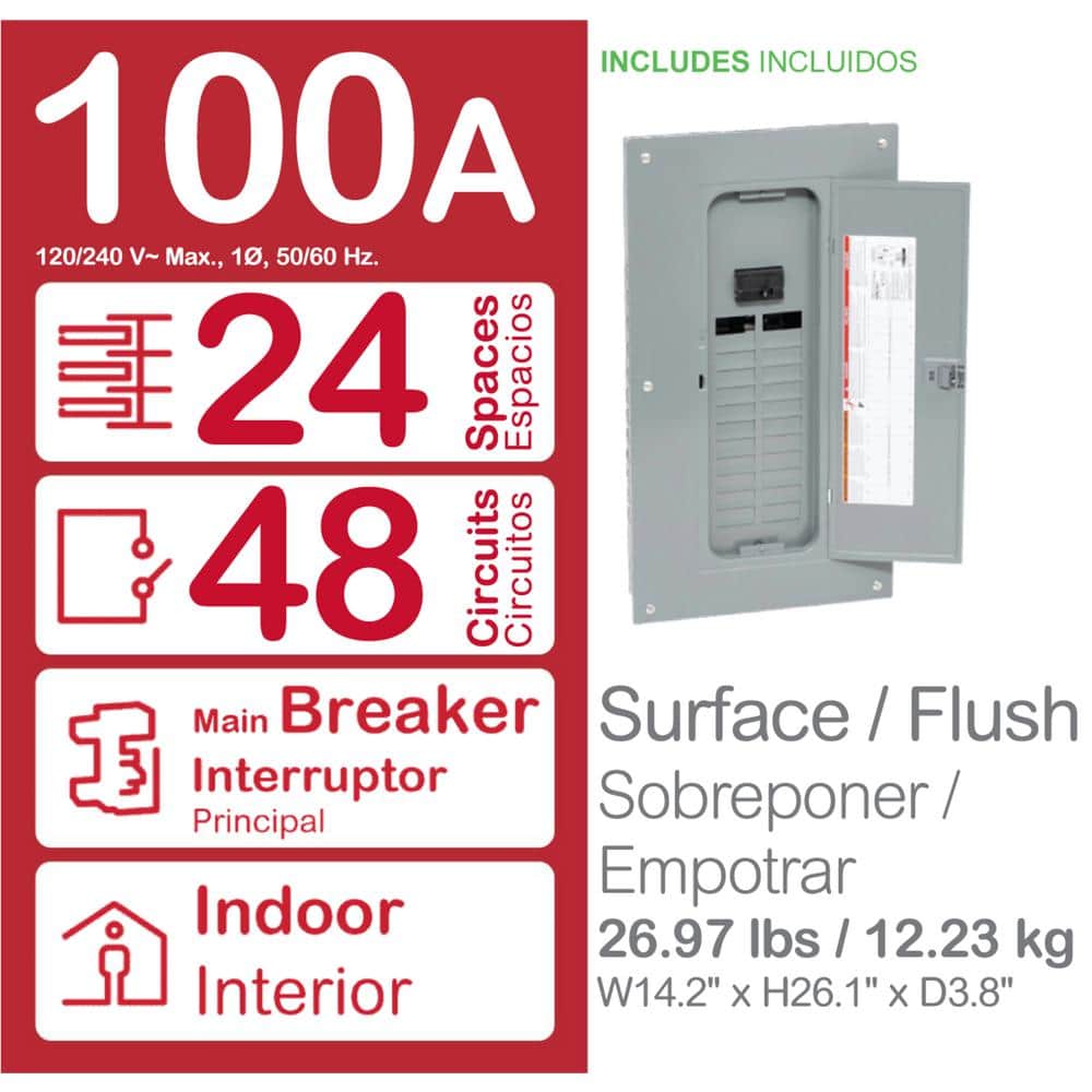 Square D Homeline 100-Amp 24-Space 48-Circuit Indoor Main Breaker Plug-On Neutral Load Center - HOM2448M100PCVP