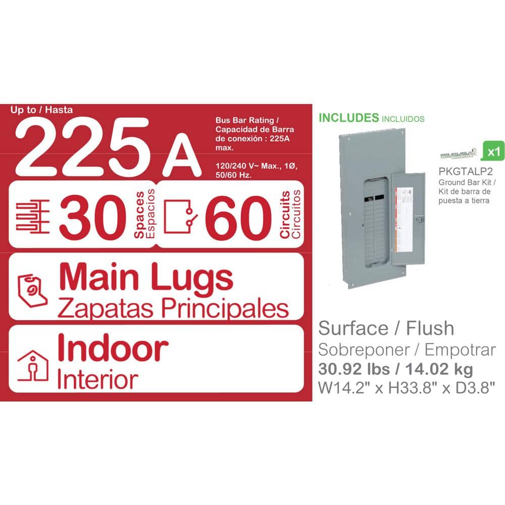 Square D Homeline 225 Amp 30-Space 60-Circuit Indoor Convertible Main Lugs Load Center with Cover