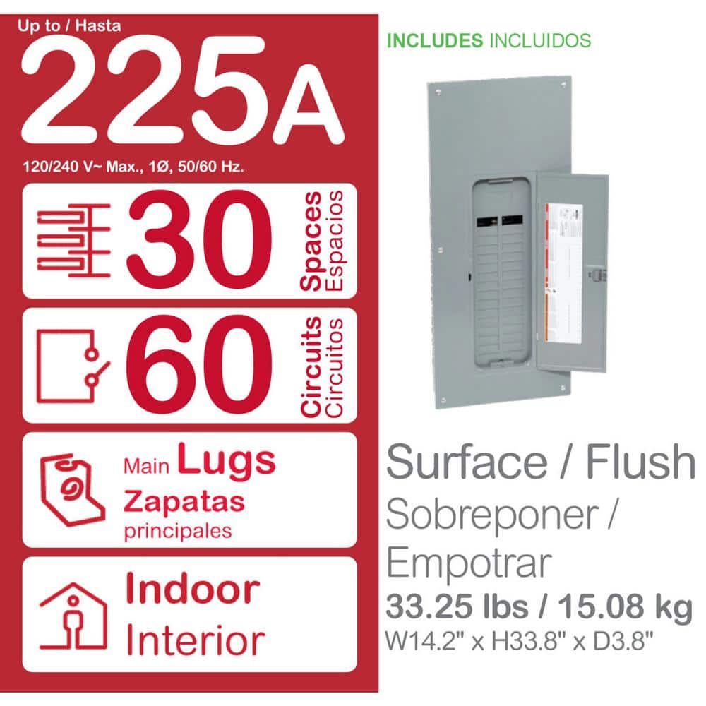 Square D Homeline 225-Amp 30-Space 60-Circuit Indoor Convertible Plug-On Neutral Load Center - HOM3060L225PGCVP