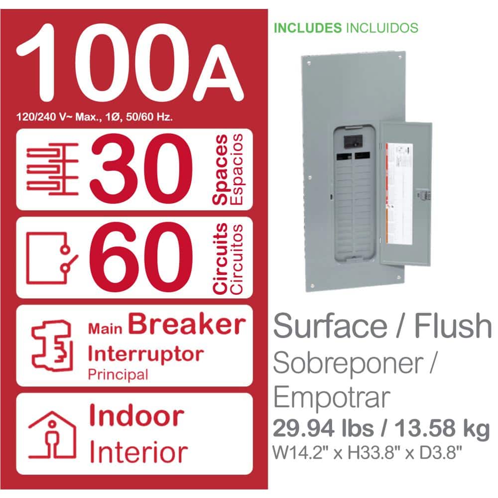 Square D Homeline 100-Amp 30-Space 60-Circuit Indoor Main Breaker Plug-On Neutral Load Center - HOM3060M100PC