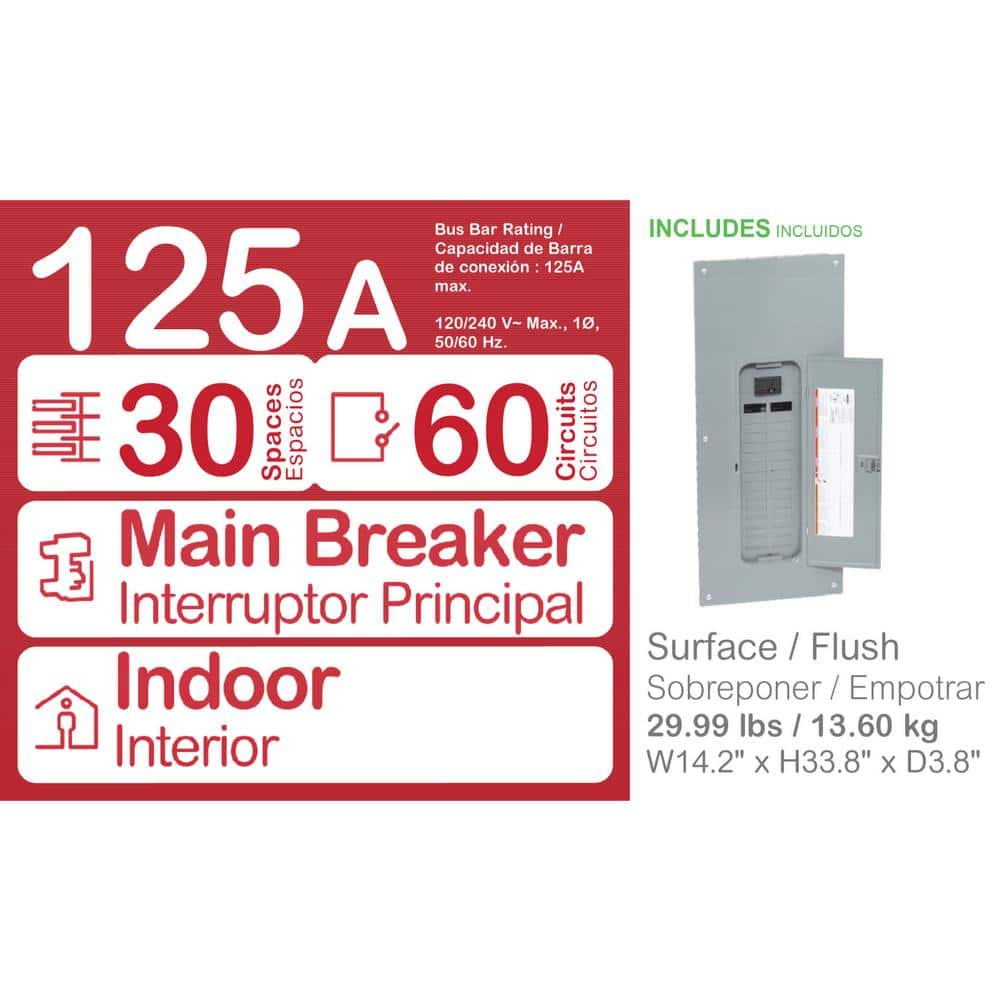 Homeline 125 Amp 30-Space 60-Circuit Indoor Main Breaker Plug-On Neutral Load Center with Cover