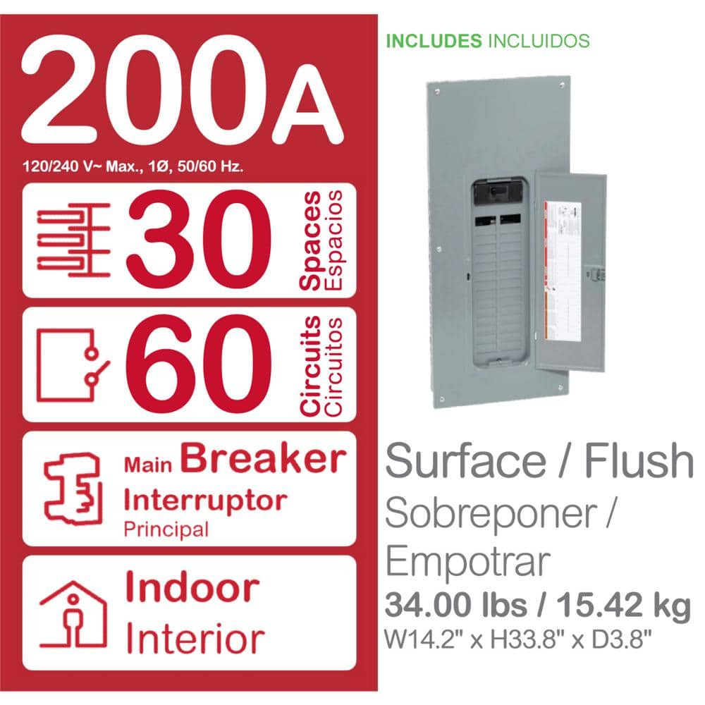 Square D Homeline 200-Amp 30-Space 60-Circuit Indoor Main Breaker Plug-On Neutral Load Center - HOM3060M200PCVP