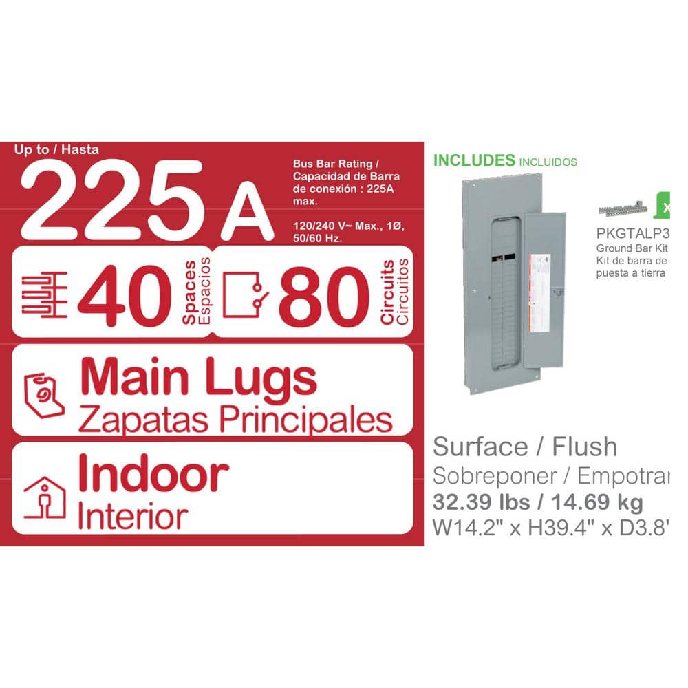 Square D Homeline 225 Amp 40-Space 80-Circuit Indoor Convertible Main Lugs Load Center with Cover