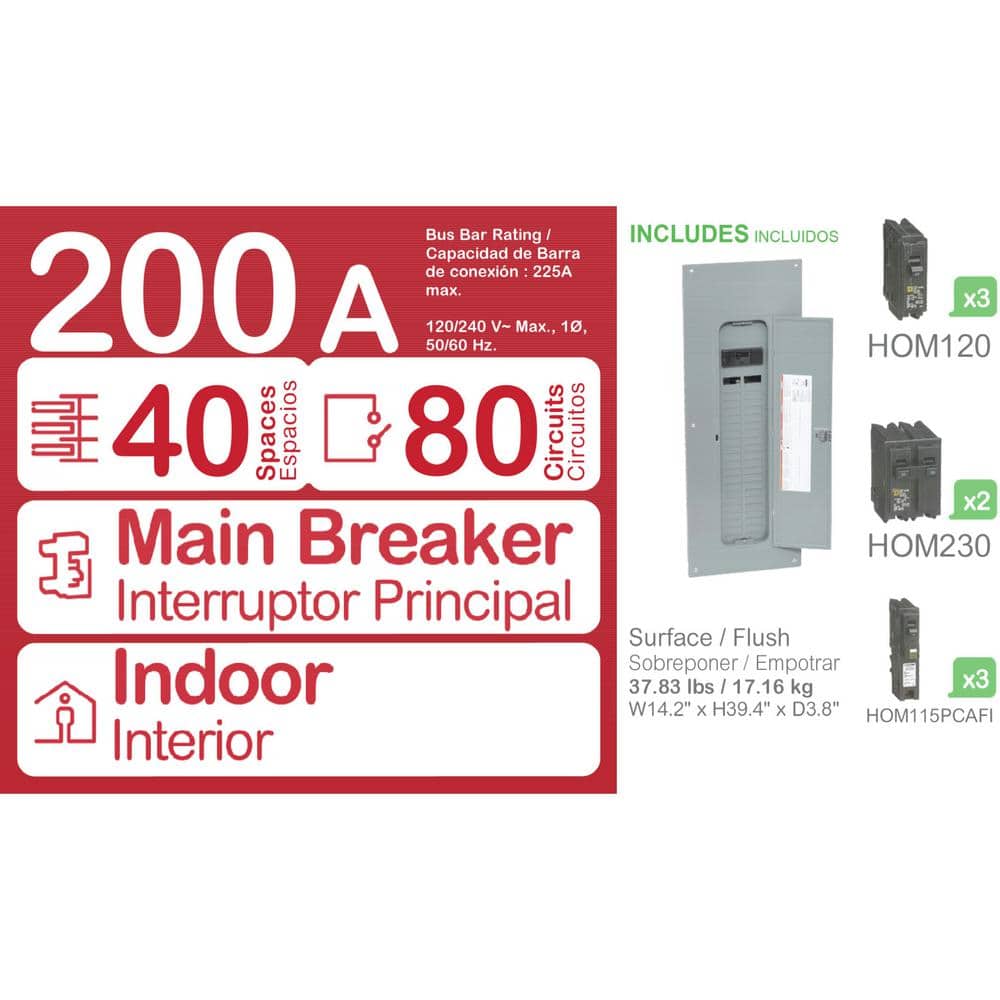 Square D Homeline 200 Amp 40-Space 80-Circuit Indoor Main Breaker Plug-On Neutral Load Center, Cover, 3ct CAFI breaker Value Pack